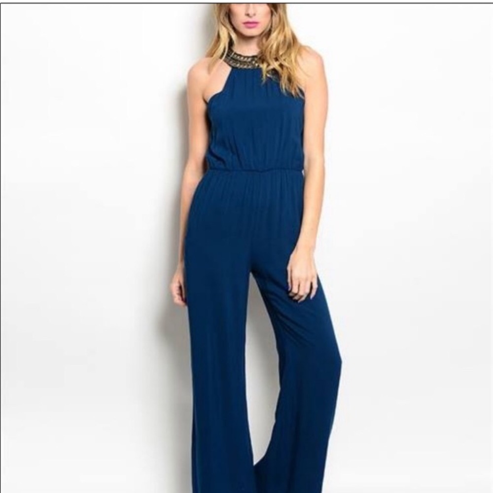 2/$30 Espresso Navy Blue Wide Leg Jumpsuit Sleeveless Halter Neck Dressy Sz M - Picture 10 of 11